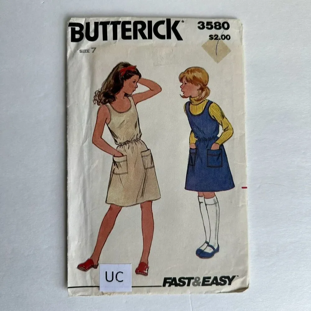 Vintage 80s Butterick 3580 EASY Sewing Pattern Girls Jumper Dress Sz 7 UNCUT
